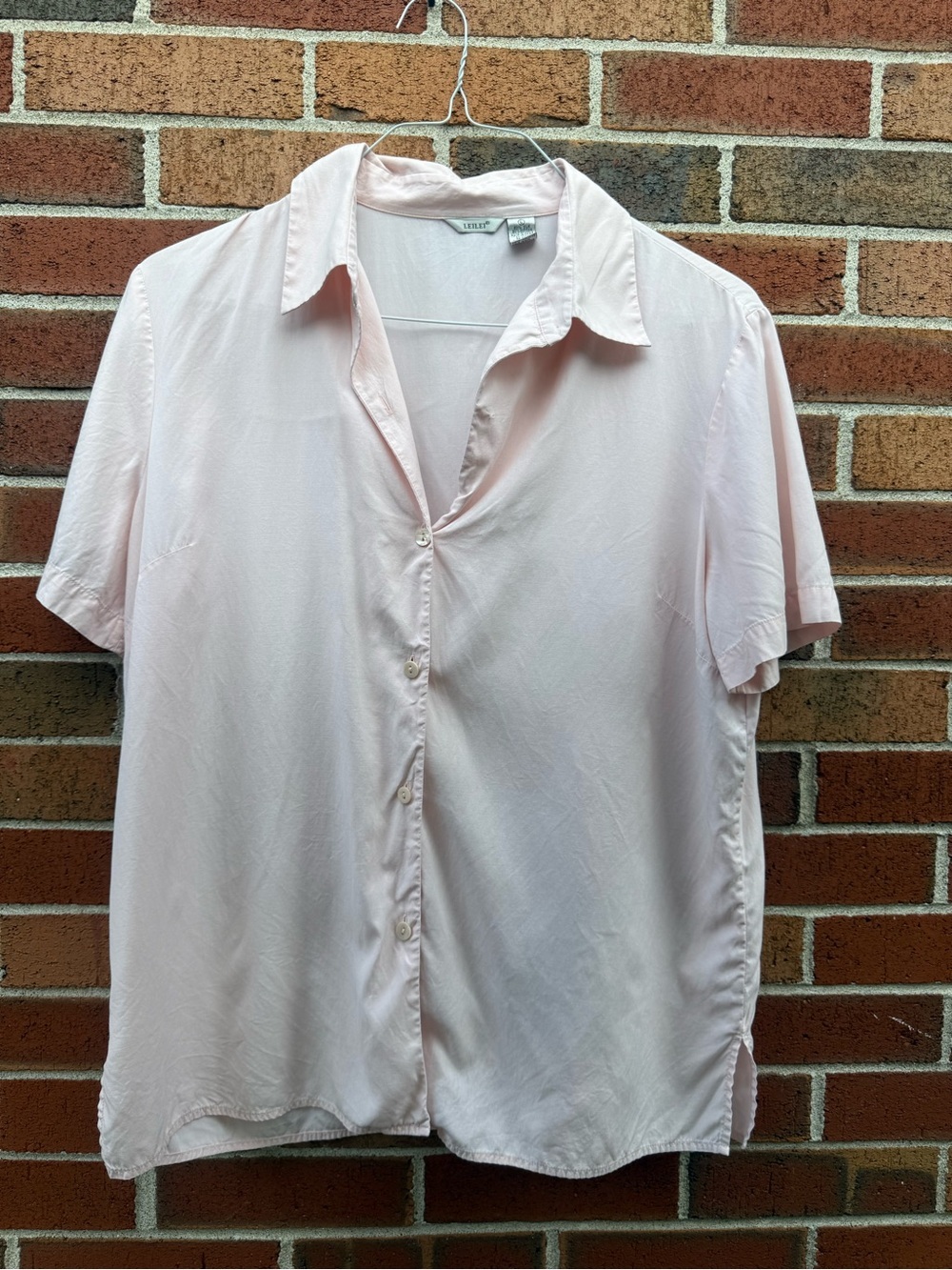 LEILEI Pink Silk Cotton Button Down Shirt Size Large Short Sleeve